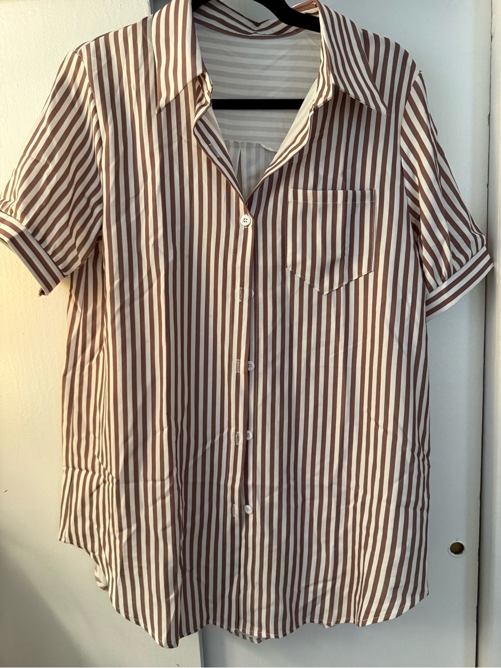 SHEIN Brown and White Vertical Stripe Short-Sleeve Button-Up